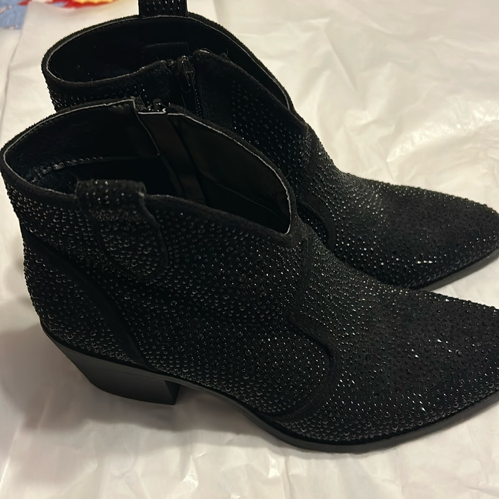 Pierre Dumas women’s Wilder-26 black rhinestone chunky heel ankle bootie.